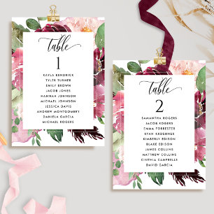 Burgundy Blush Seating Plan Cards with Guest Names