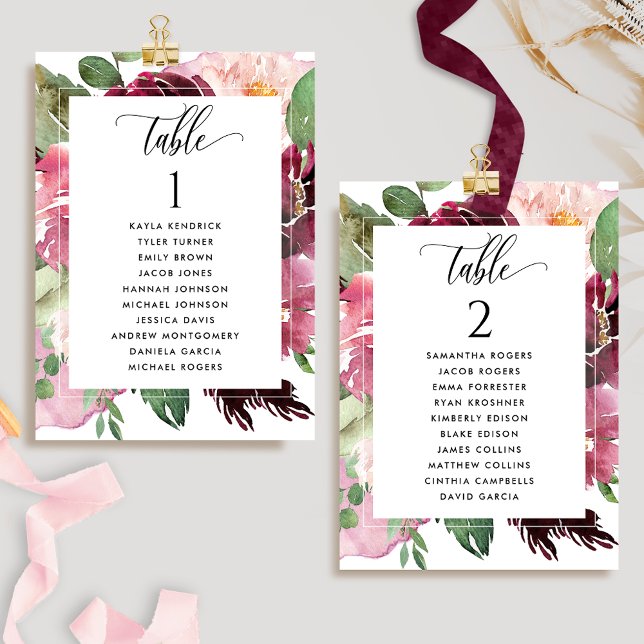 Burgundy Blush Seating Plan Cards with Guest Names (Creator Uploaded)