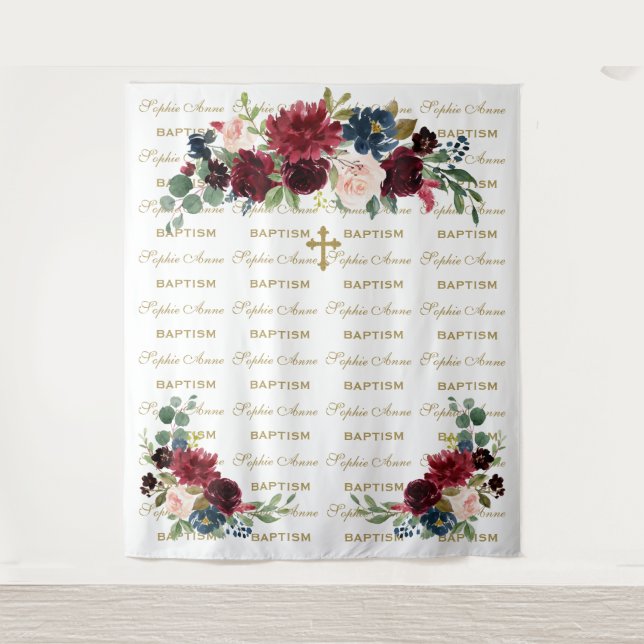 Burgundy Blush Step & Repeat Baptism Backdrop Tapestry (Front)