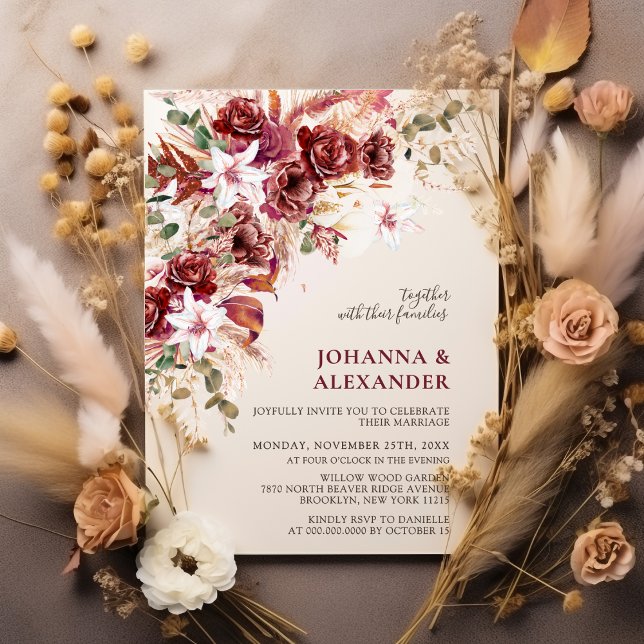 Burgundy Blush Terracotta Boho Floral Wedding Invitation (Creator Uploaded)