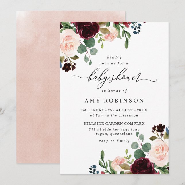 Burgundy & Blush Watercolor Elegant Baby Shower Invitation (Front/Back)