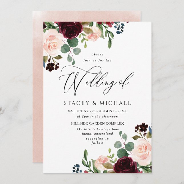 Burgundy & Blush Watercolor Elegant Spring Wedding Invitation (Front/Back)