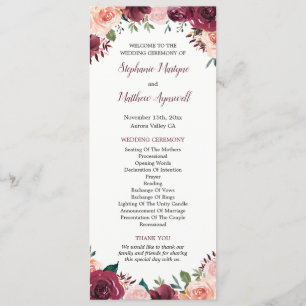 Burgundy Blush Watercolor Fall Floral Wedding Programme
