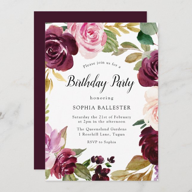 Burgundy Blush Watercolor Floral Birthday Party Invitation (Front/Back)