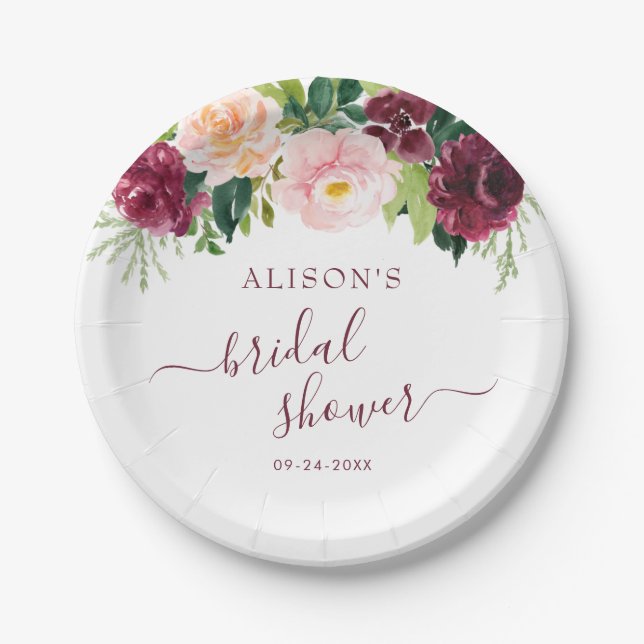 Burgundy Blush Watercolor Floral Bridal Shower Paper Plate (Front)