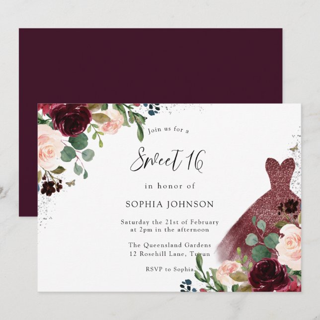 Burgundy & Blush Watercolor Floral Dress Sweet 16 Invitation (Front/Back)