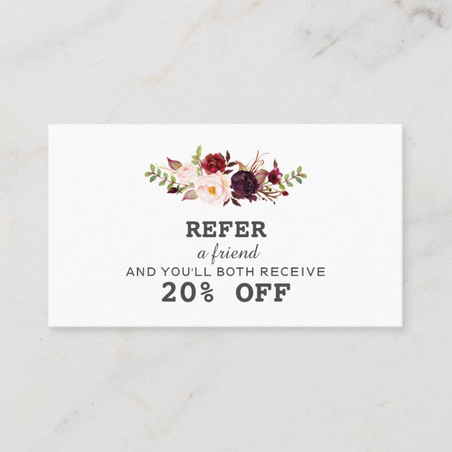 Burgundy Blush Watercolor Floral Makeup Artist Referral Card (Front)