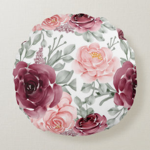 Burgundy blush watercolor floral round cushion