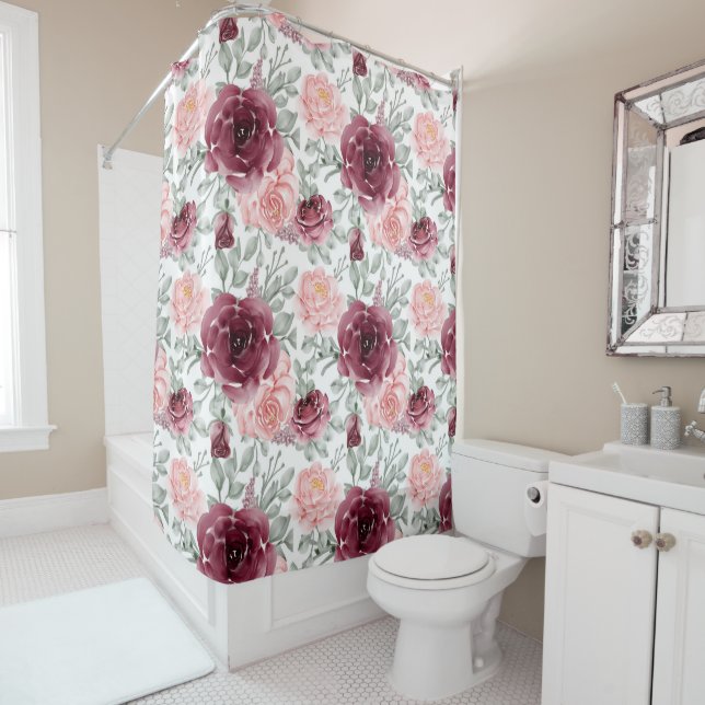 Burgundy blush watercolor floral shower curtain (In Situ)