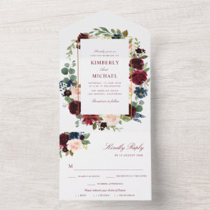 burgundy & blush watercolor floral wedding all in one invitation