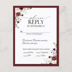 Burgundy Blush Watercolor Floral Wedding RSVP Invitation Postcard
