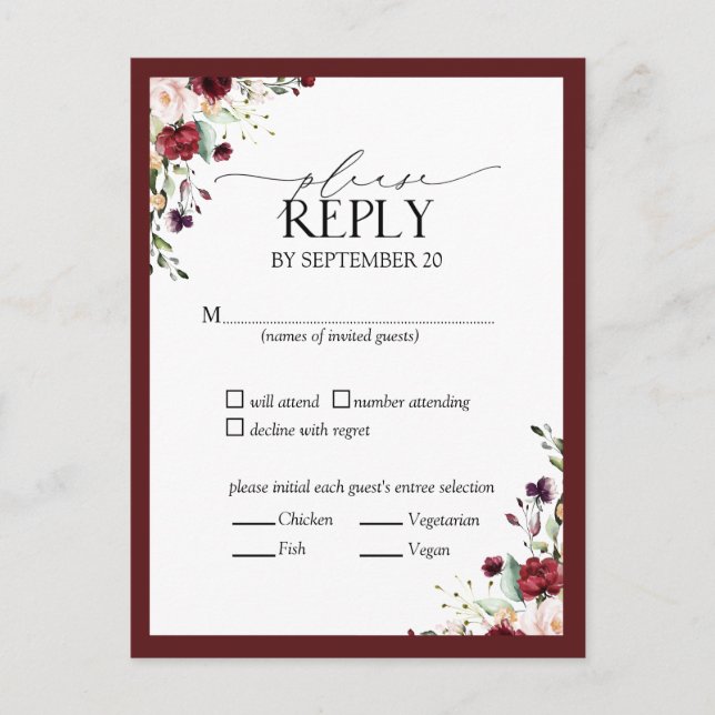 Burgundy Blush Watercolor Floral Wedding RSVP Invitation Postcard (Front)