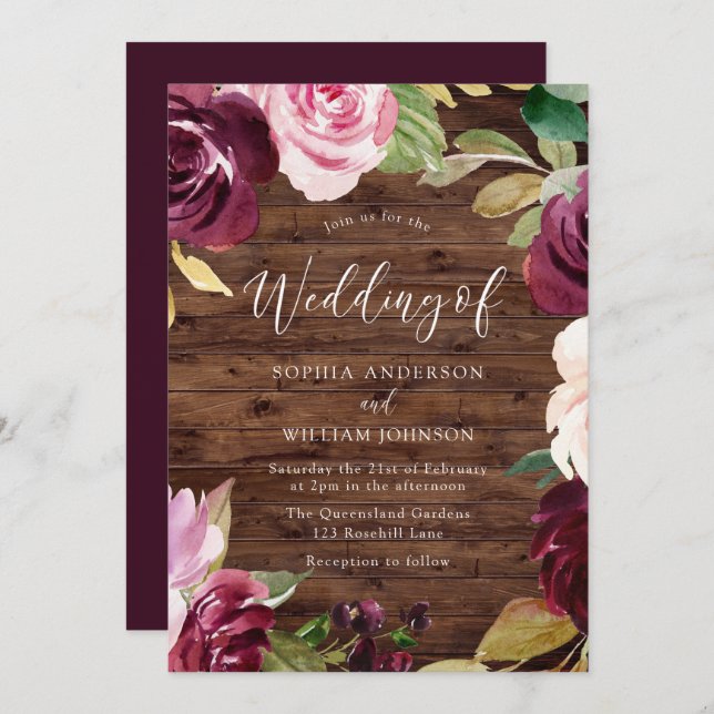 Burgundy Blush Watercolor Flowers Rustic Wedding Invitation (Front/Back)