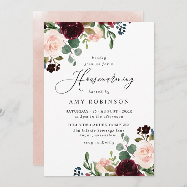 Burgundy & Blush Watercolor Housewarming Party Invitation (Front/Back)