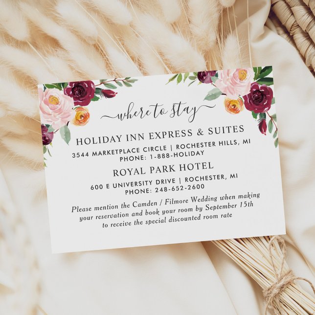 Burgundy Blush Wedding Where To Stay Hotel Enclosure Card (Creator Uploaded)