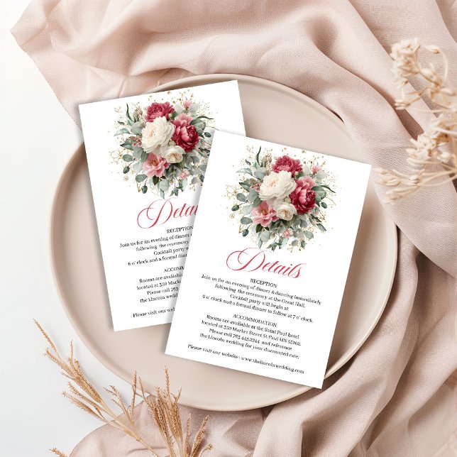 Burgundy Blush White Floral Wedding Details Enclosure Card (Burgundy Blush White Floral Wedding Details)