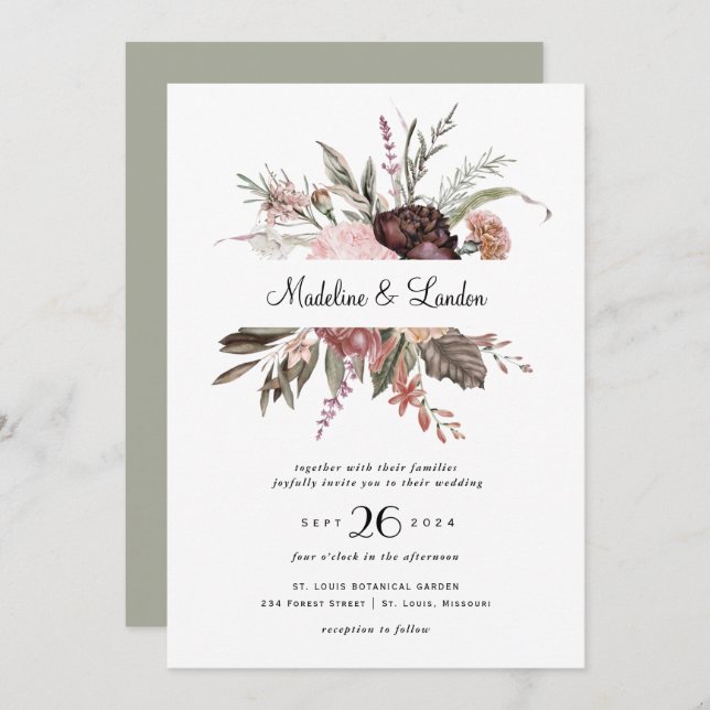 Burgundy Blush Wildflower Wedding Invitation (Front/Back)