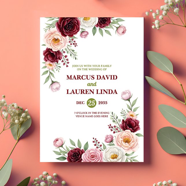 Burgundy Blush Wildflower Wedding Invitation Card (Creator Uploaded)