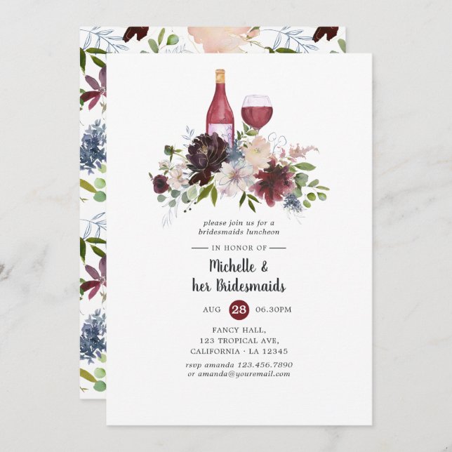 Burgundy & Blush Wine Tasting Bridesmaids Luncheon Invitation (Front/Back)