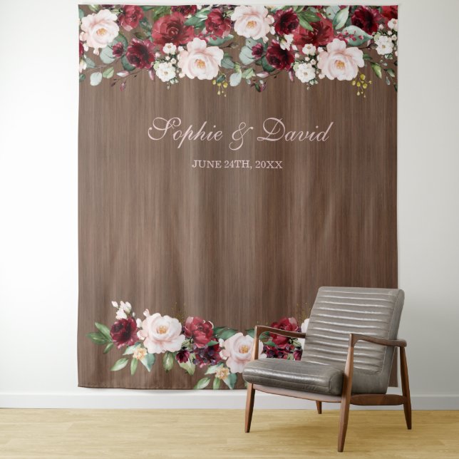 Burgundy Blush Wood Wedding Photo Booth Backdrop Tapestry (In Situ)