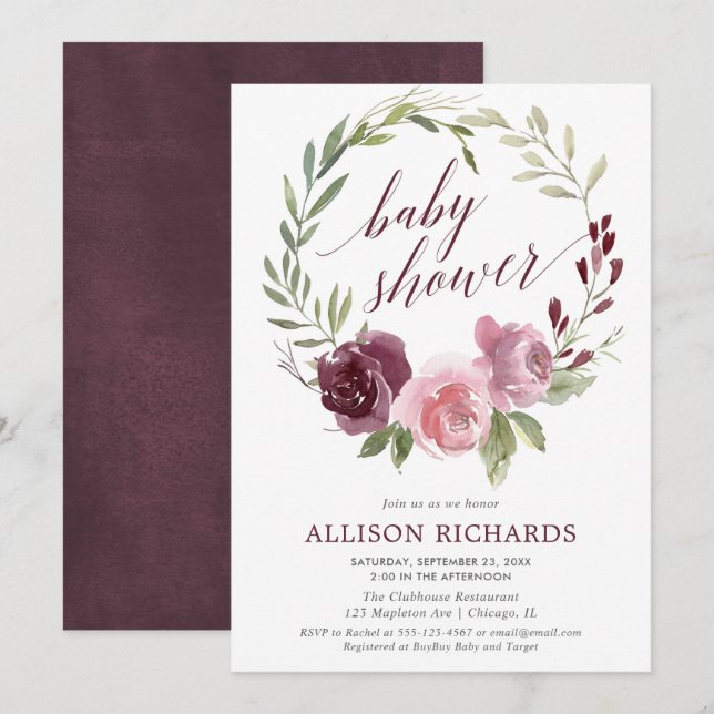 Burgundy blush wreath floral fall girl baby shower invitation (Front/Back)