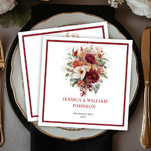 Burgundy Bohemian Fall Flowers Greenery Wedding Napkin