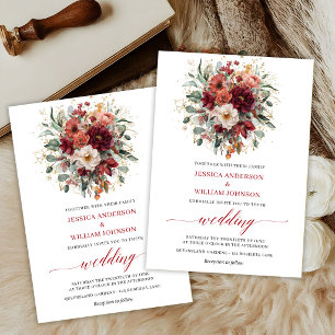 Burgundy Boho Autumn Flowers Greenery Wedding Card