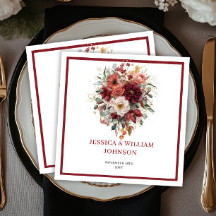 Burgundy Boho Autumn Flowers Greenery Wedding Napkin