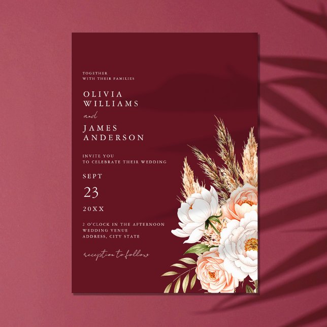 Burgundy Boho Chic Floral Wedding  Invitation (Creator Uploaded)