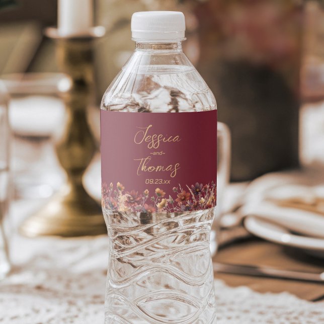 Burgundy Boho Chic Wildflowers Simple Wedding Water Bottle Label (Creator Uploaded)