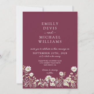 Burgundy Boho Daisy Wildflower Garden Wedding Invitation
