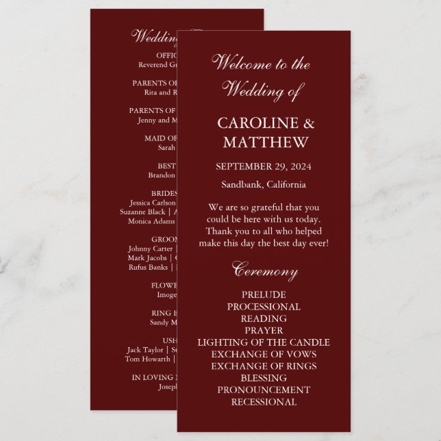 Burgundy Boho Dinner Modern Minimalistic Wedding  Programme (Front/Back)