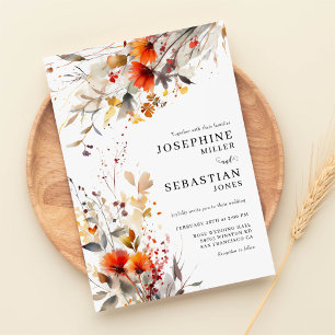 Burgundy Boho Fall Floral Photo Wedding Invitation
