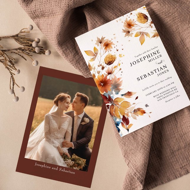 Burgundy Boho Fall Floral Photo Wedding Invitation (Creator Uploaded)