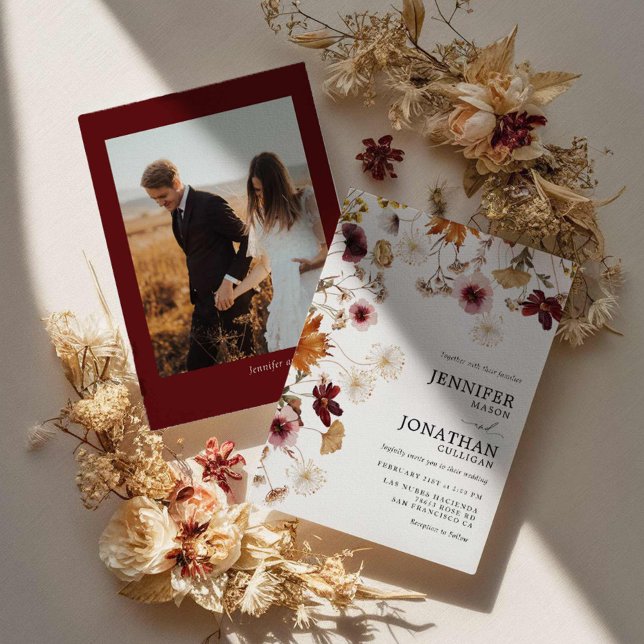 Burgundy Boho Fall Floral Photo Wedding Invitation (Boho Burgundy Fall Wedding Invitation)
