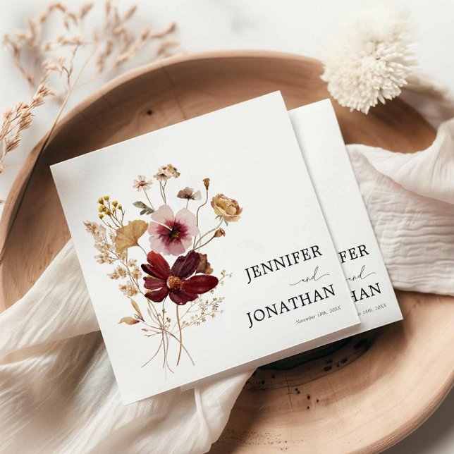 Burgundy Boho Fall Floral Photo Wedding Invitation Napkin (Autumn Bohemian Wedding Paper Napkins)