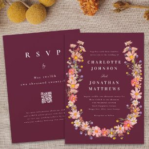 Burgundy Boho Fall Floral QR Code Wedding Invitation