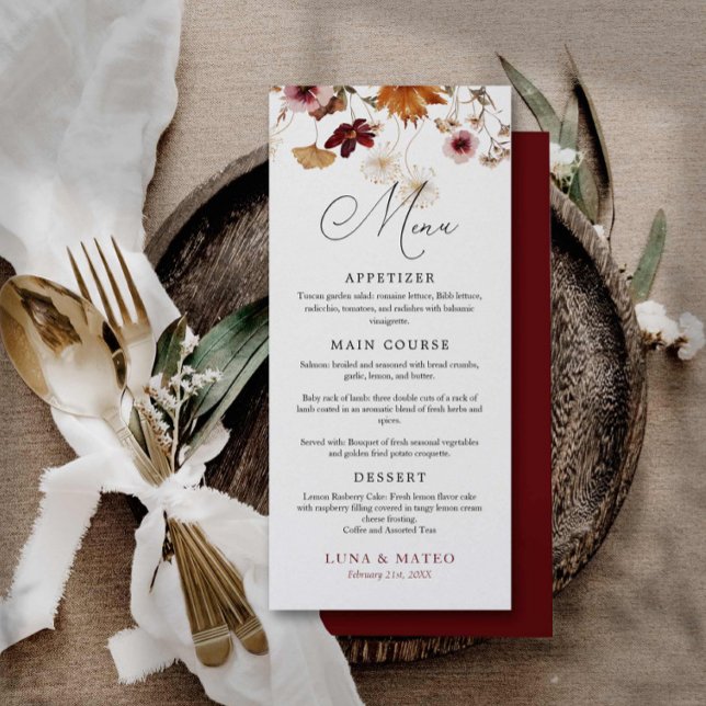 Burgundy Boho Fall Floral Wedding Menu (Boho Burgundy Floral Menu Card)