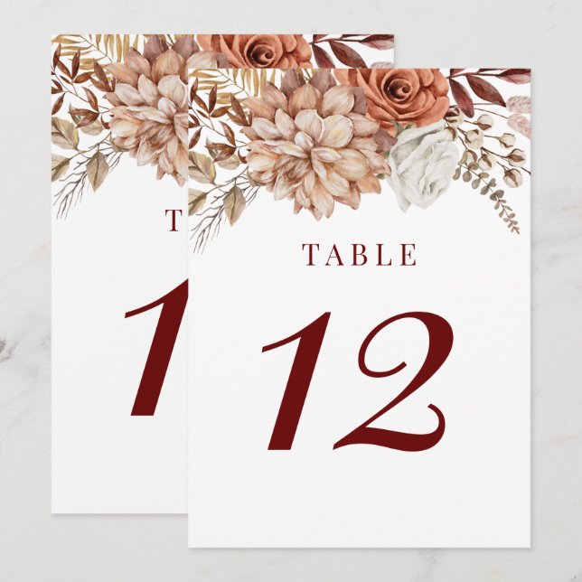 Burgundy Boho Fall Floral Wedding Table Number (Front/Back)