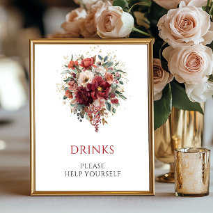 Burgundy Boho Fall Flowers Drinks Tabletop Sign