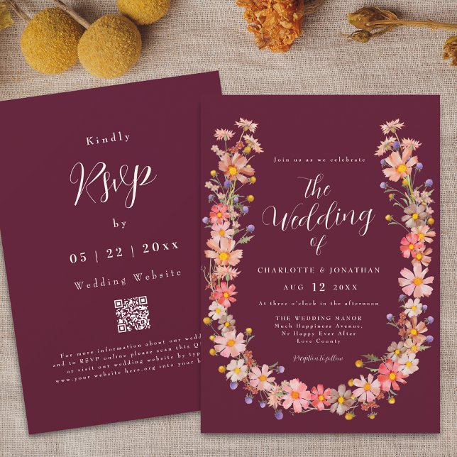 Burgundy Boho Fall Rustic Floral QR Code Wedding Invitation (Boho fall rustic wildflower burgundy and cream ivory wedding qr code invitation Watercolor florals)