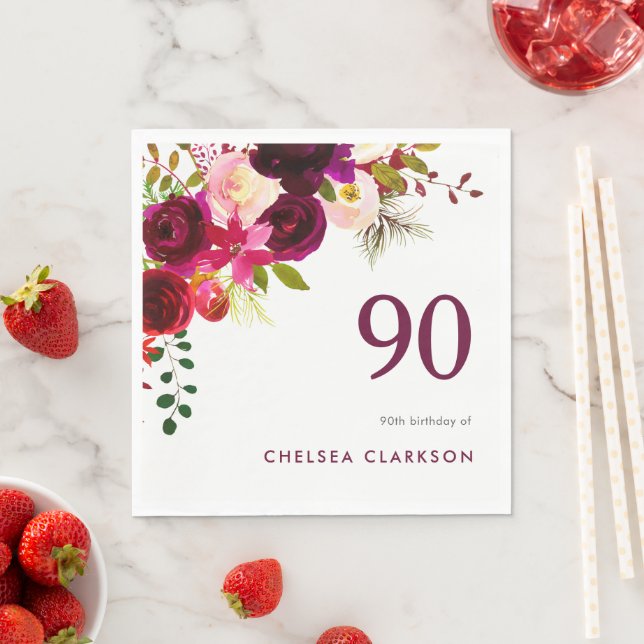 Burgundy Boho Floral 90th Birthday Celebration Napkin (Insitu)