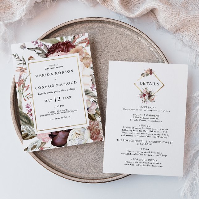 Burgundy Boho Floral All In One Wedding Invitation (Creator Uploaded)