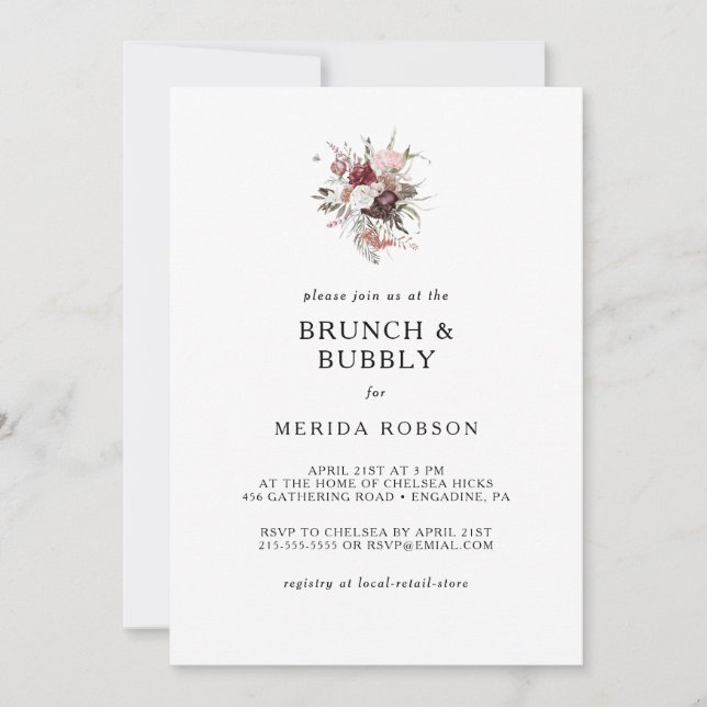 Burgundy Boho Floral Brunch and Bubbly Shower Invi Invitation (Front)