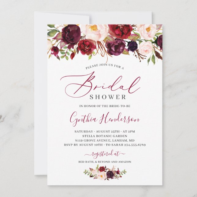 Burgundy Boho Floral Calligraphy Bridal Shower Invitation (Front)