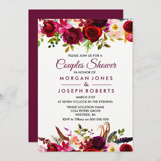 Burgundy Boho Floral Couples Shower Invitation (Front/Back)
