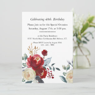 Burgundy Boho Floral, Customisable,40th Birthday Invitation