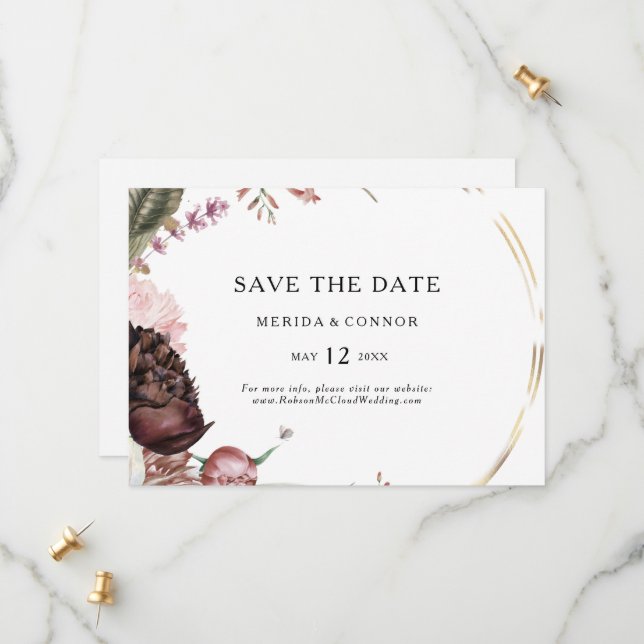 Burgundy Boho Floral Horizontal Save the Date (Front/Back In Situ)