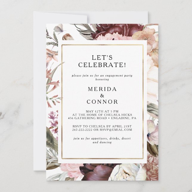 Burgundy Boho Floral Let's Celebrate Invitation (Front)