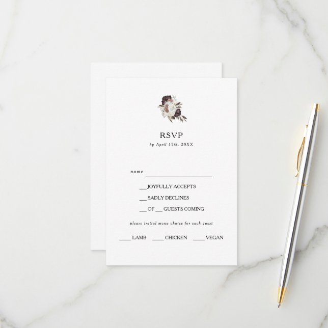 Burgundy Boho Floral Menu Choice RSVP Card (Front/Back In Situ)